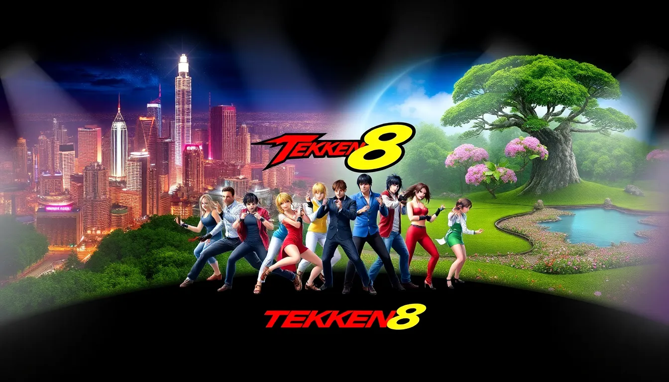 colorful video game fighting stages showcasing urban and garden environments.