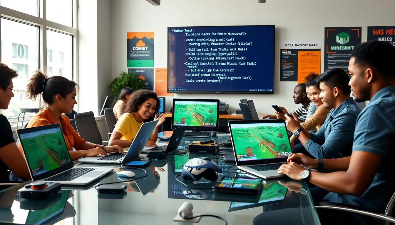 gamers collaborating on Minecraft hacks in a modern office.