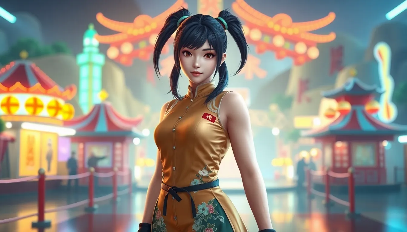 Xiaoyu from Tekken in a vibrant gaming environment.