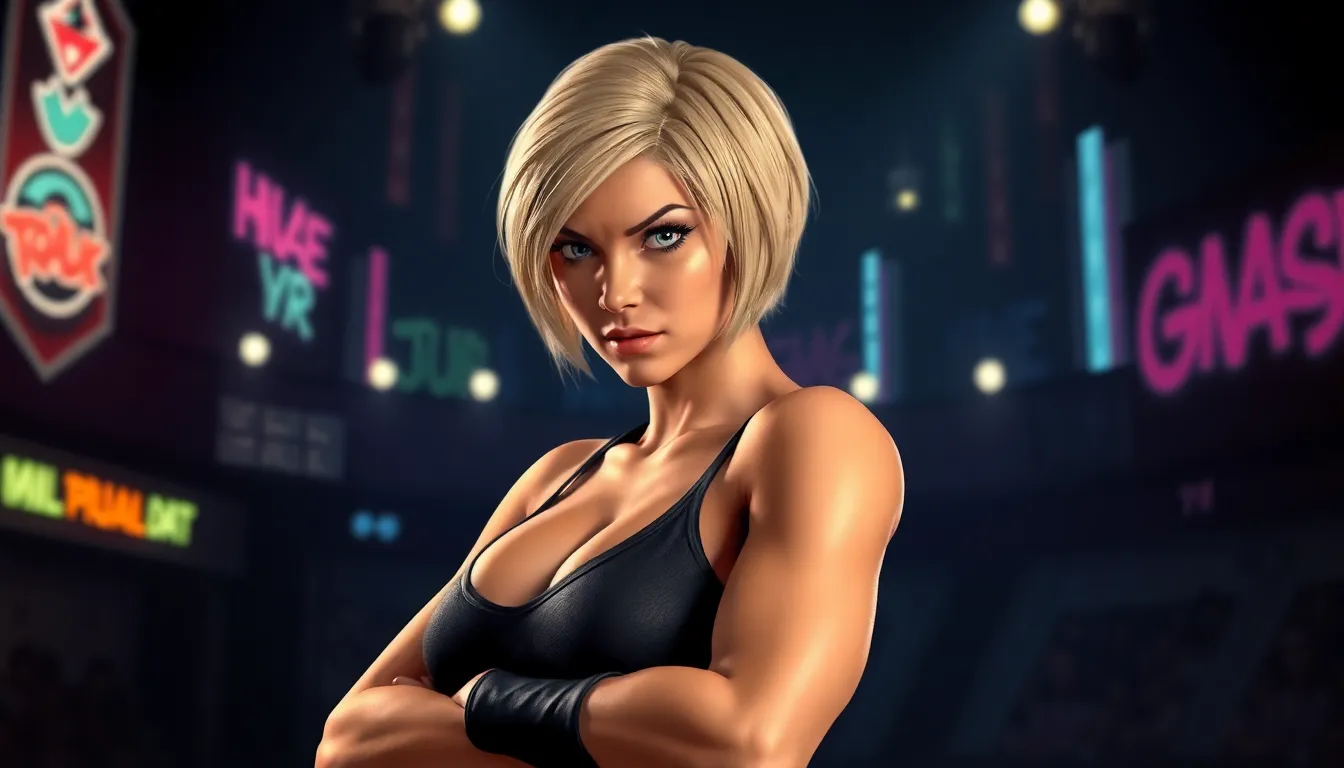 Nina Williams ready for combat in a stylized urban arena.