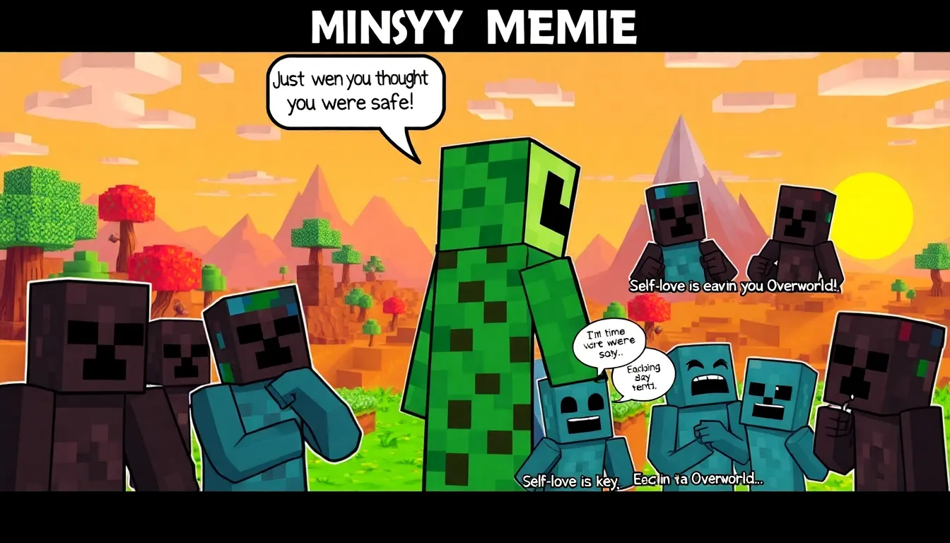 humorous Minecraft memes featuring Creepers and Endermen in a playful landscape.