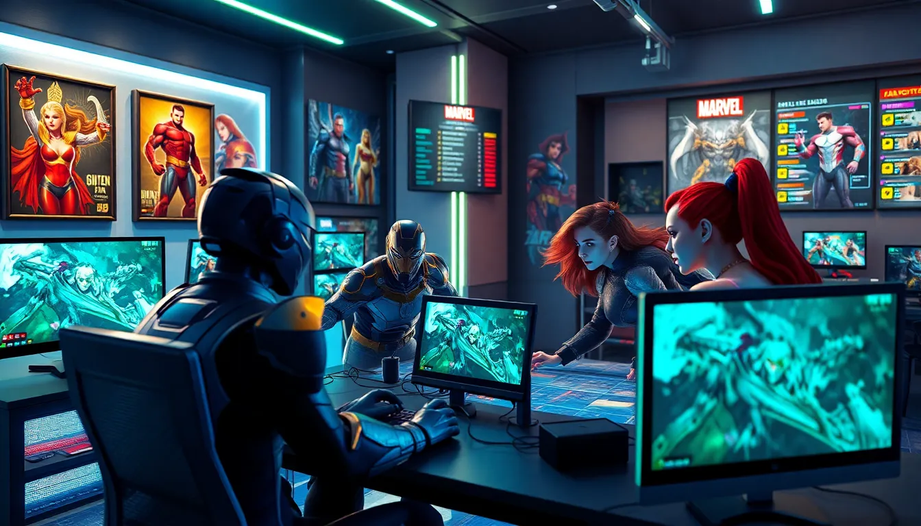 Diverse team of gamers engaging in a Marvel MOBA game.