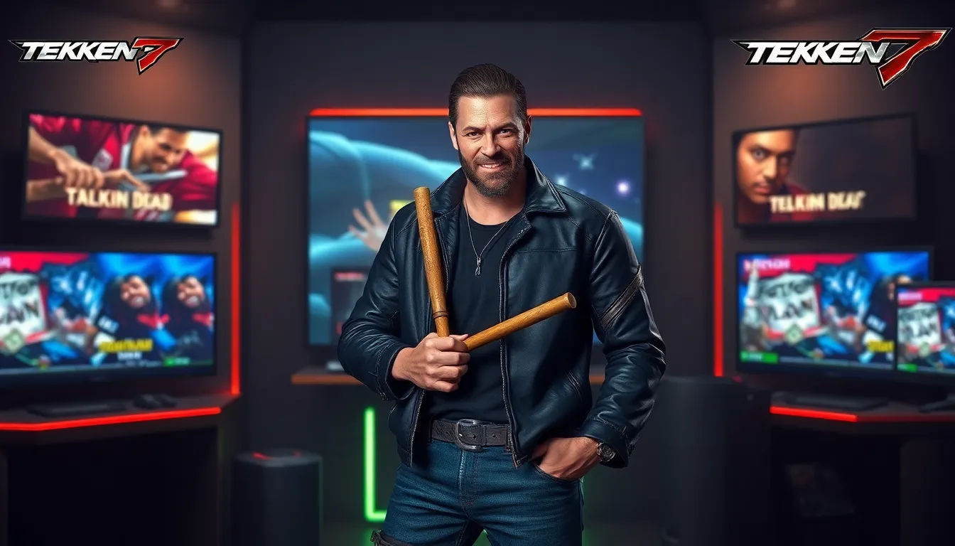 Negan from Tekken 7 standing in a modern gaming setup.